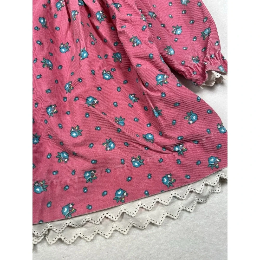 Vintage Oshkosh B'Gosh‎ Size 5 Pink Floral Corduroy Dress Eyelet Lace Trim